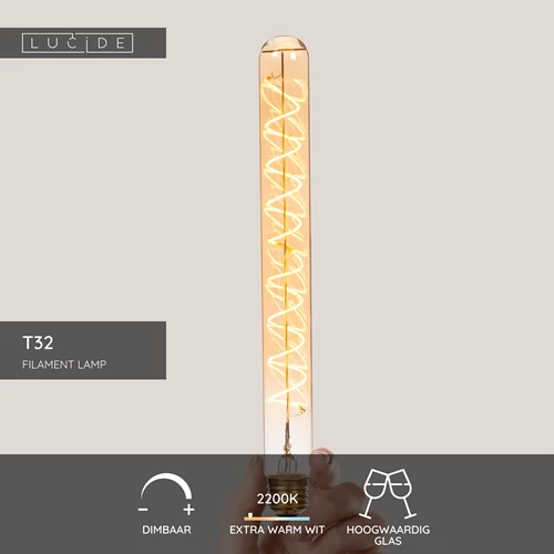 Lucide T32 - Filament lamp - Ø 3,2 cm - LED 3 StepDim (Memory) - E27 - 1x4,9W 2200K - Amber - USP